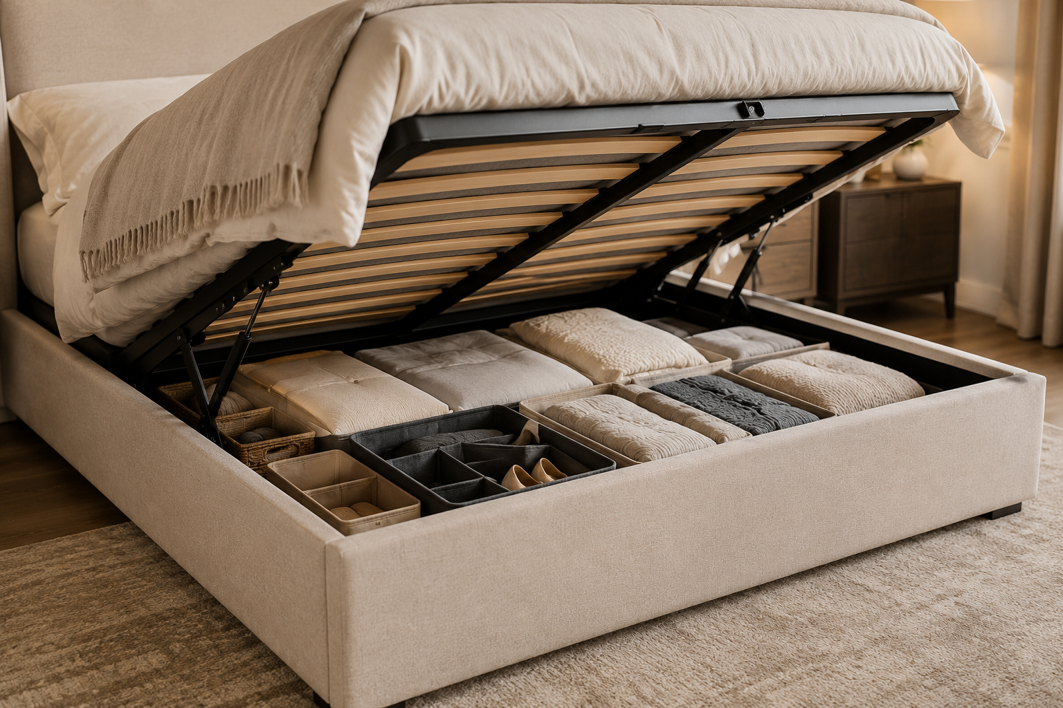 queen hydraulic storage bed in action