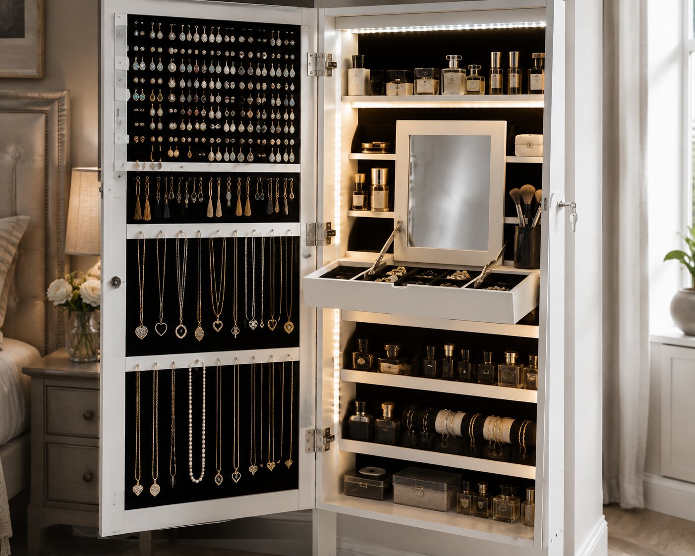 LED Jewelry Cabinet Armoire: Honest Review for Space Saving (2026) 2 led jewelry cabinet armoire in action
