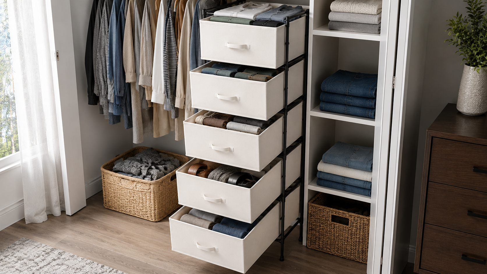 amazon basics bedroom closet organizer in action
