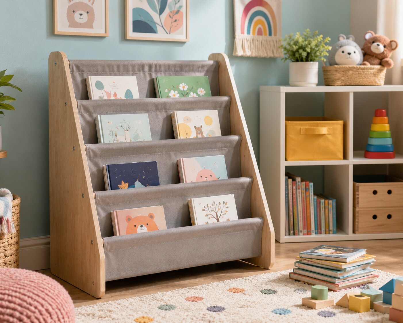 Kids Sling Bookshelf storage setup