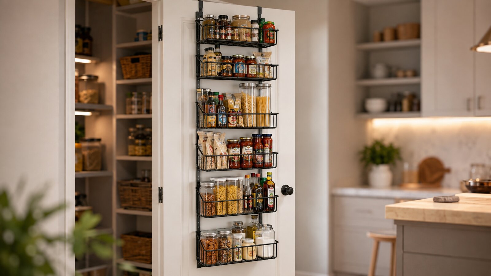 home-complete over the door pantry organizer - 9-tier organizer for bathroom, closet, or kitchen storage - pantry organizers and storage (black) in action