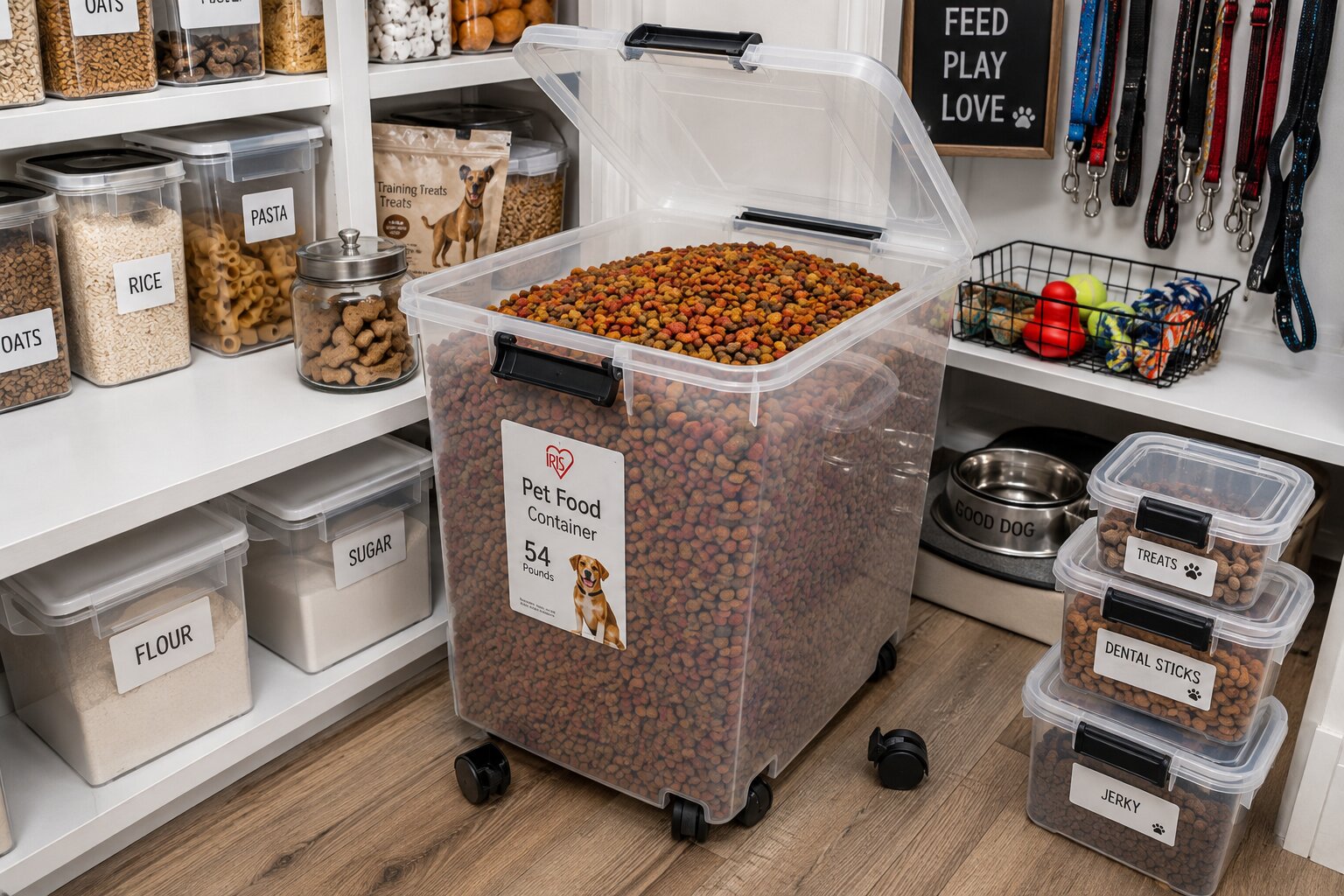 Dog food storage setup with container in pantry